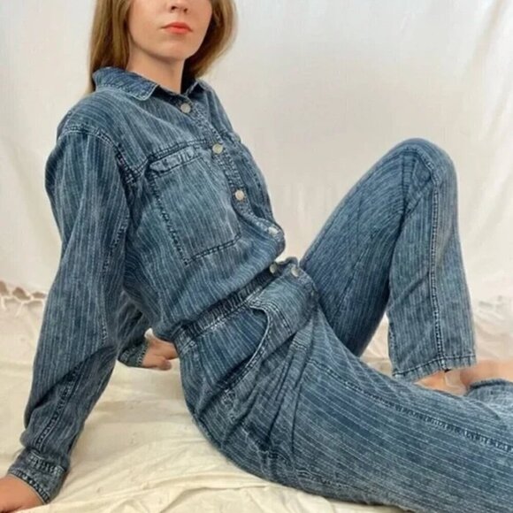 Free People Ari Denim Jumpsuit S Coverall Boiler Suit 90s Utility Loose Fit Blue - Picture 3 of 11